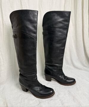 Frye Jane Tall Cuff Black Leather Over Knee Riding Heeled Boho Moto Boots
7.5